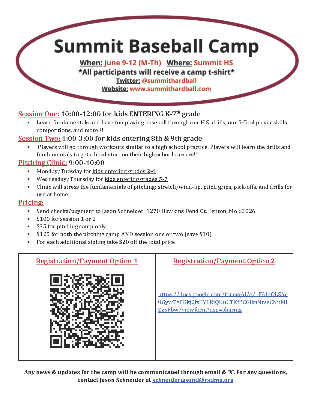 Flyer for a Summit Baseball Camp with registration details and QR code.