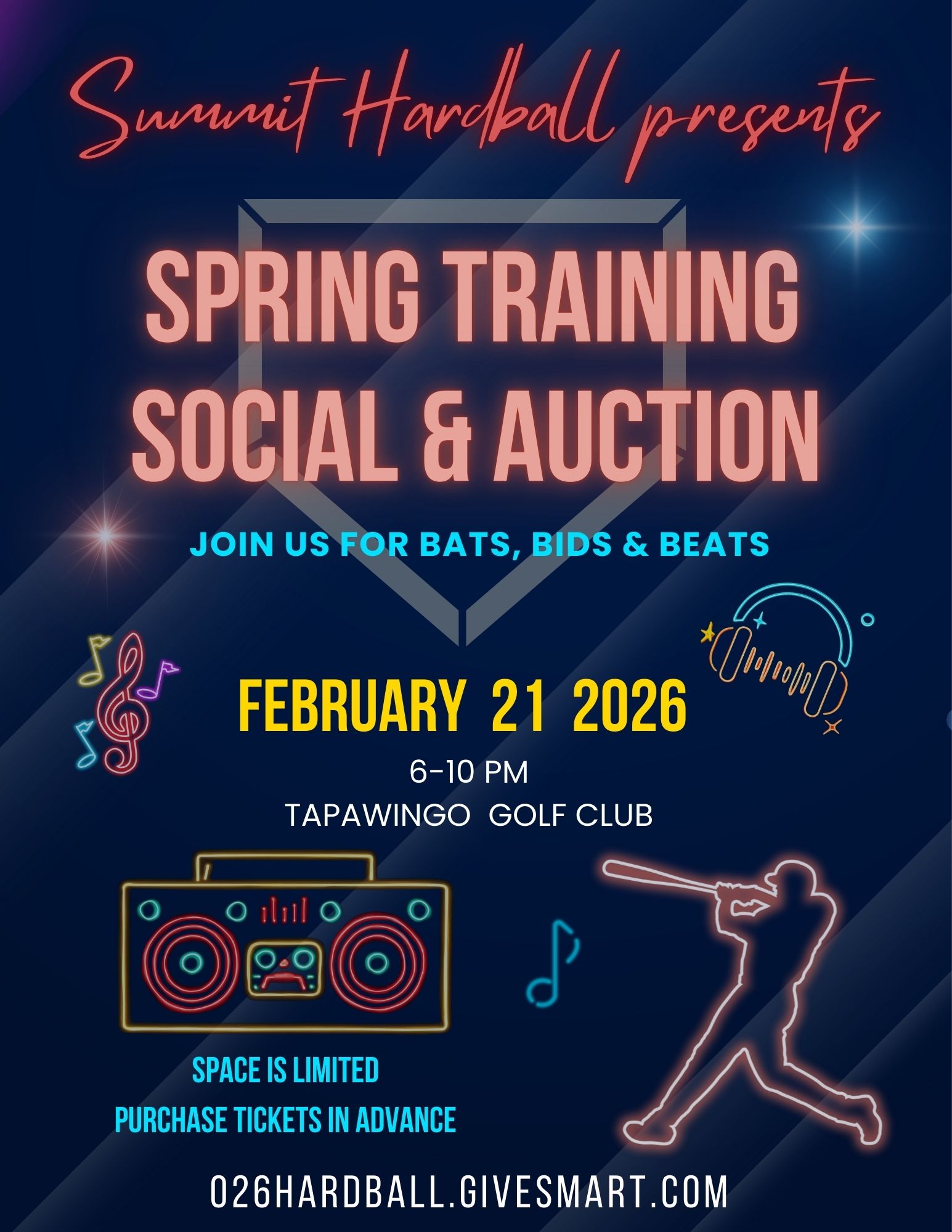 Flyer for Spring Training Social & Auction event on Feb 21, 2026, at Tapawingo Golf Club.