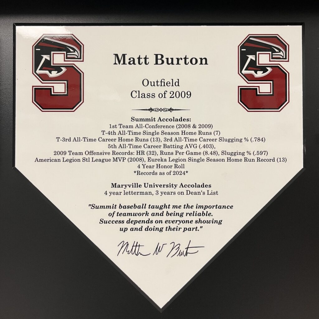 Commemorative plaque honoring Matt Burton, Class of 2008, Stanford baseball outfielder.