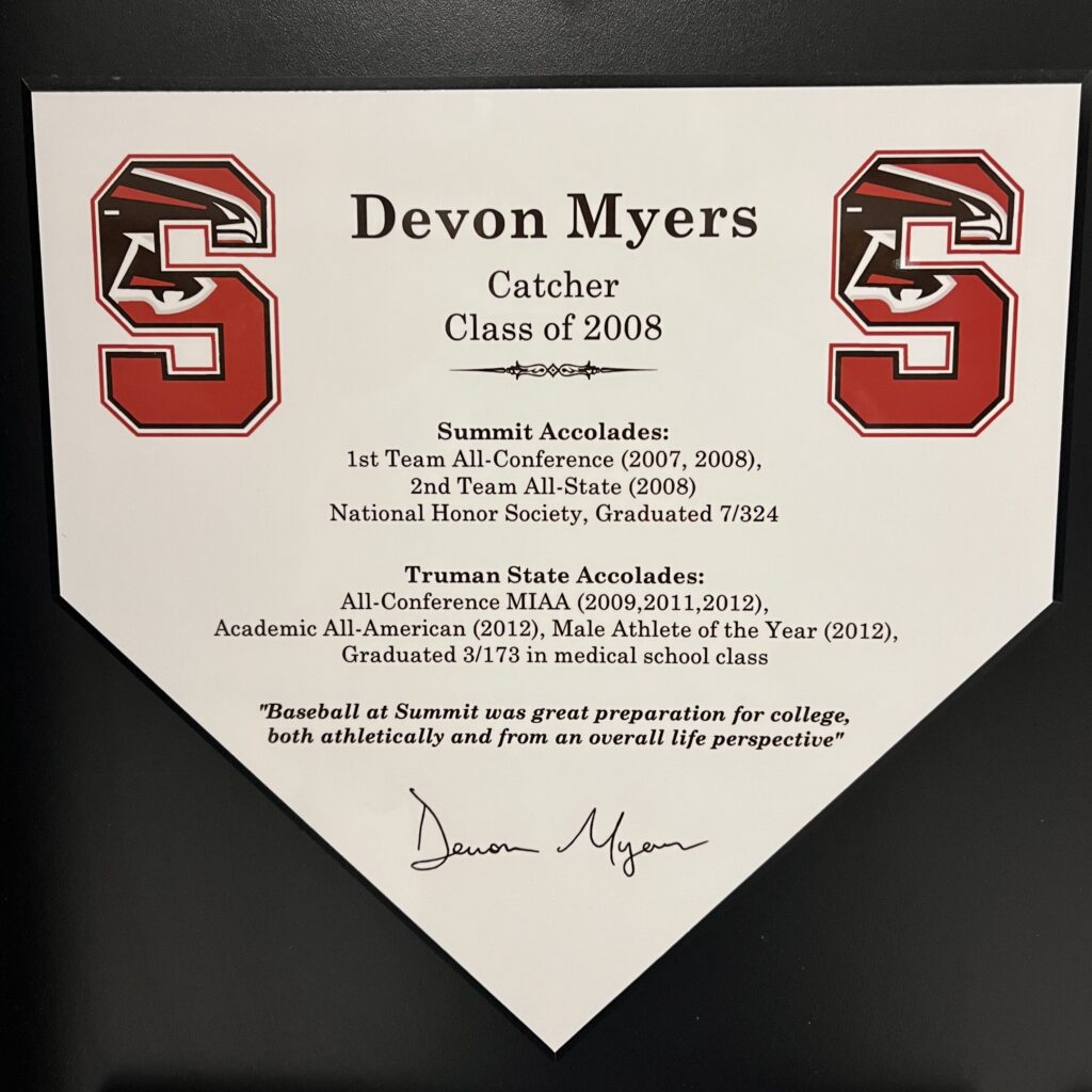Plaque honoring Devon Myers, Class of 2008 catcher.
