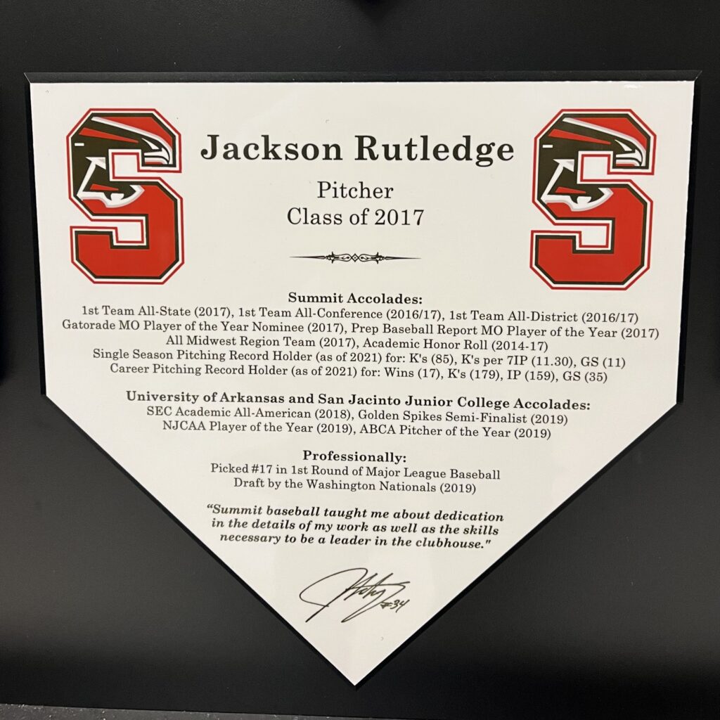 A framed home plate plaque honoring Jackson Rutledge, 2017 pitcher.