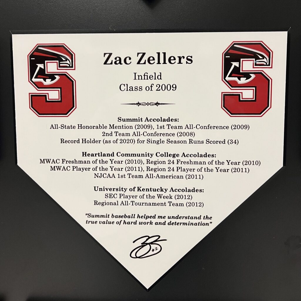 A framed commemorative plaque honoring Zac Zellers, Class of 2009, with various achievements and signatures.