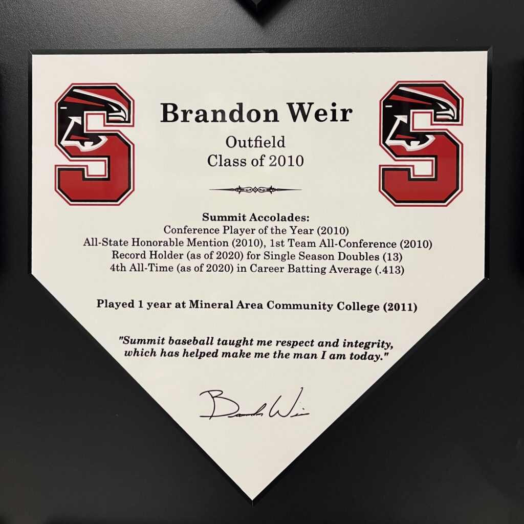 A framed sports certificate honoring Brandon Weir, Class of 2013.