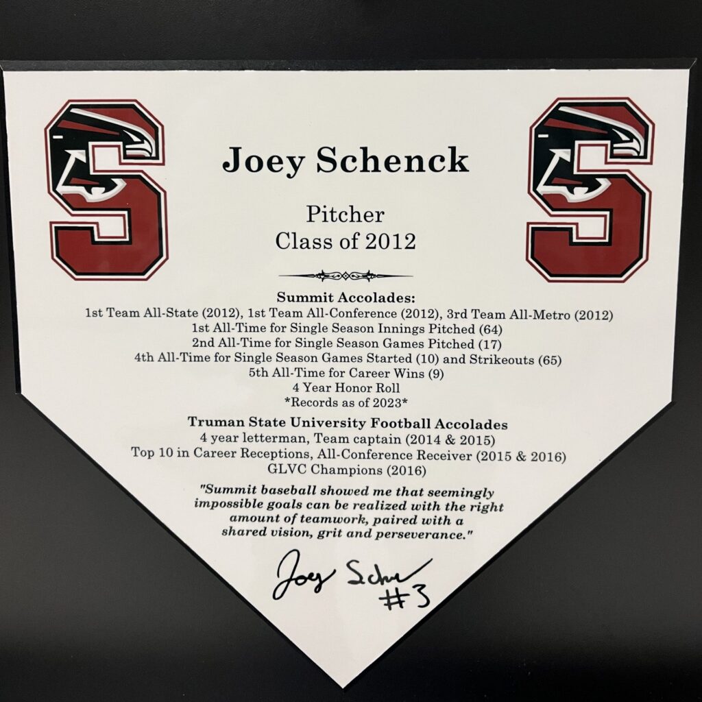 Plaque honoring Joey Schenck, Class of 2012, standout pitcher for South Carolina baseball.